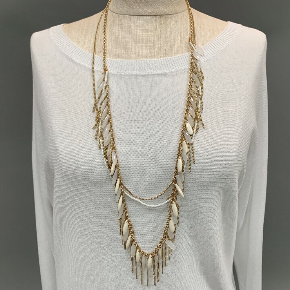 Bay to Baubles Long Necklace Rhionna Opal‎ Fringe Gold-tone White Chains NWT